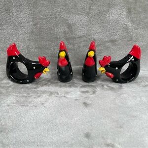 Colorful Ceramic Rooster Napkin Rings Set of 4 Black Red Yellow Farmhouse OS
